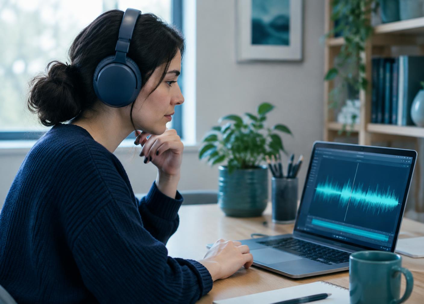 Transcription specialist with headphones viewing an audio waveform